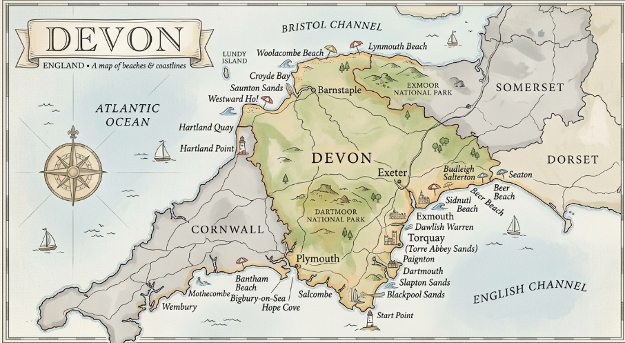 Map of Devon beaches with access points and parking locations